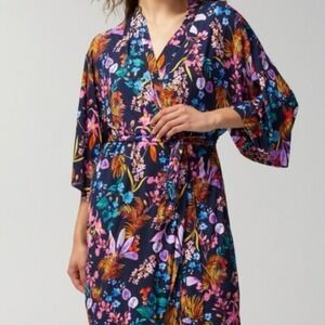 Soma Cool Nights Blooming Tropical Navy Short Wrap Robe Sz L/XL Lounge Sleepwear